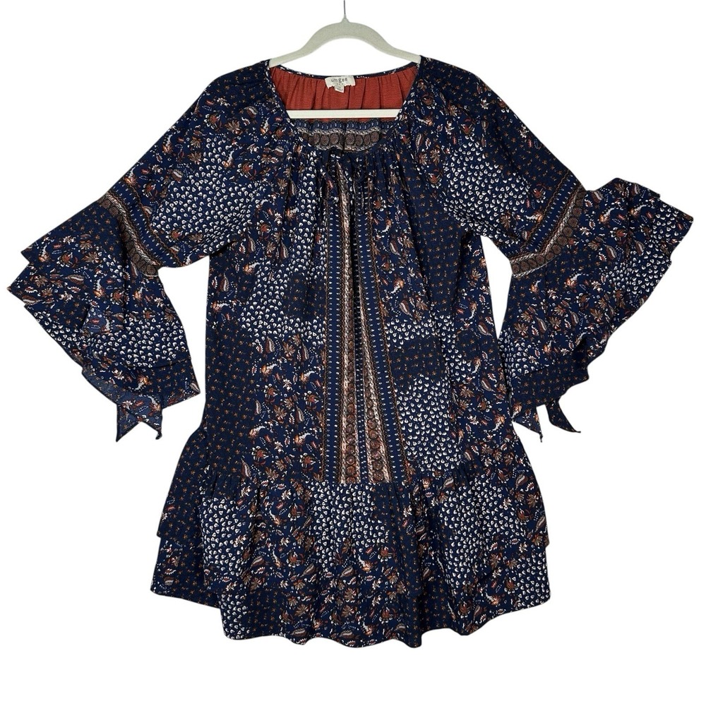 Umgee Boho Paisley Tunic Dress Medium Navy Rust Tiered Bell Sleeve Festival Goth